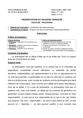 Première page de Philosophie 2nde B, 2nde D — 1er devoir surveillé, 2e trimestre (2020-2021) · CEPG La Prunelle de Dieu
