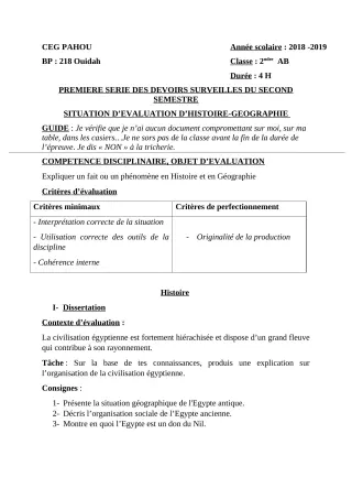 Première page de Histoire-Géographie 2nde A & B — 1er devoir surveillé, 2e semestre (2018-2019) · CEG PAHOU