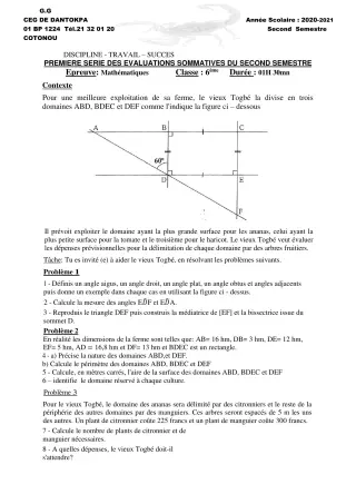 Première page de Mathématiques 6e, 5e, 4e ML&MC, 3e, 3e ML — 1re évaluation sommative, 2e semestre (2020-2021) · CEG Dantokpa