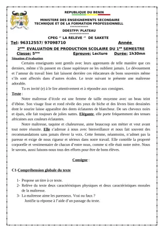 Première page de Français 5e — Production scolaire, 1er semestre (2023-2024) · CPEG LA RELEVE