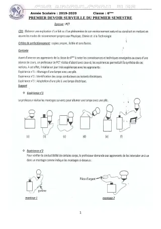 Première page de PCT 6e — 1er devoir surveillé, 1er semestre (2019-2020) · CEG ADJOVICODJI 'LES OLIVIERS'