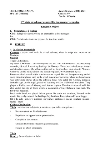 Première page de Anglais 5e, 4e — 1er devoir surveillé, 1er semestre (2020-2021) · CEG Lobozounkpa