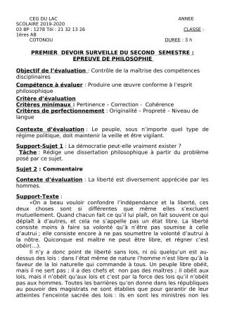 Première page de Philosophie 1ère A2, 1ère B — 1er devoir surveillé, 2e semestre (2019-2020) · CEG du Lac
