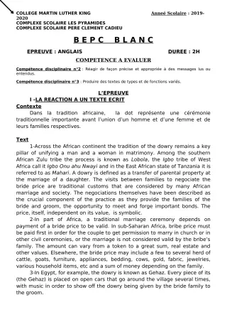 Première page de Devoir surveillé de ANGLAIS — 6e, 5e, 4e, 4e ML, 3e, 3e ML, 2nde A, 2nde B, 2nde D, 1ère A, 1ère B, 1ère C, 1ère D, Tle A, Tle B, Tle C, Tle D — CPEG Martin Luther King Cotonou (2019)