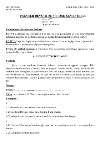 Première page de PCT 6e — 1er devoir surveillé, 2e semestre (2019-2020) · CEG Attogon