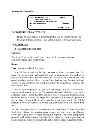 Première page de Anglais 3e — 2e évaluation sommative, 1er semestre (2022-2023) · CEG2 ABOMEY - CALAVI (CEG ZOCA)