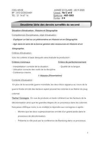 Première page de Histoire-Géographie Tle C, Tle D — 2e devoir surveillé (2019-2020) · CEG HEVIE