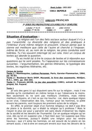 Première page de Français 1ère A, 1ère A1, 1ère A2, 1ère C, 1ère D — 1re production scolaire, 1er semestre (2022-2023) · CEG1 Ikpinlè
