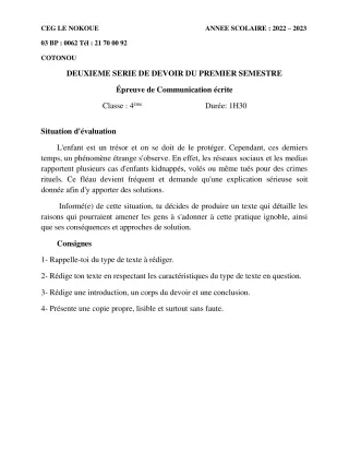 Première page de Français 4e, 4e ML — 2e devoir surveillé, 1er semestre (2022-2023) · CEG LE NOKOUE
