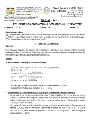 Première page de PCT 1ère D — 2e production scolaire, 1er semestre (2023-2024) · CEG1 Ikpinlè