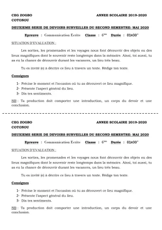 Première page de Français 6e — 2e devoir surveillé, 2e semestre (2019-2020) · CEG ZOGBO