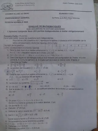 Première page de Examen blanc du bepc 2025 mathématiques Lycée privé El-Shama Avril 2025 Burkina fasso