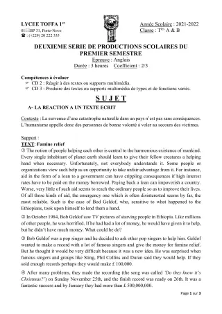 Première page de Anglais Tle A1, Tle B — 2e production scolaire, 1er semestre (2021-2022) · Lycée Toffa 1er
