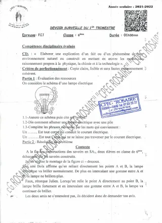 Première page de PCT 6e — Devoir surveillé (2021-2022) · CPEG ROSAIRE