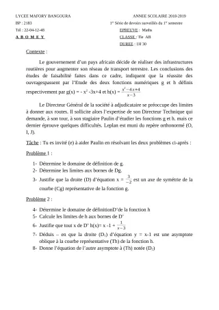 Première page de Mathématiques 2nde A & B, 2nde D, 1ère A & B, 1ère D, Tle A & B, Tle D — 1er devoir surveillé, 1er semestre (2018-2019) · Lycée Houegbadja d'Abomey (Ex Mafory Bangoura)