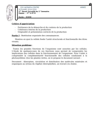 Première page de SVT 2nde A1, 2nde A2, 2nde B — 2e devoir surveillé, 1er semestre (2019-2020) · CEG 1 Akpakpa-Centre