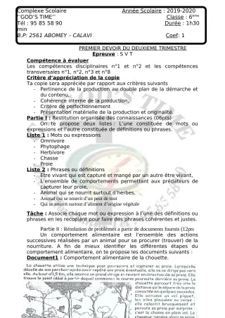 Première page de SVT 6e, 5e, 4e, 3e, 3e ML, 2nde A2, 2nde B, 1ère A2, 1ère B, 1ère D, Tle A2, Tle B, Tle D — 1er devoir surveillé, 2e trimestre (2019-2020) · CPEG GOD'S TIME
