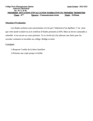 Première page de Français 6e — Évaluation sommative, 1er trimestre (2022-2023) · CPEG ENFANT PRODIGE