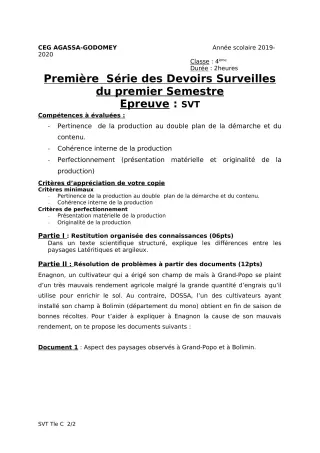 Première page de SVT 4e, 4e ML — 1er devoir surveillé, 1er semestre (2019-2020) · CEG Agassa Godomey