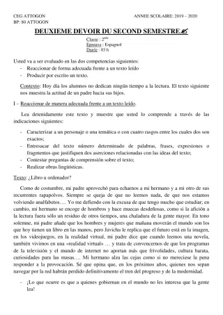 Première page de Espagnol 2nde A & B, 2nde A1, 2nde A2, 2nde B — 2e devoir surveillé, 2e semestre (2019-2020) · CEG Attogon