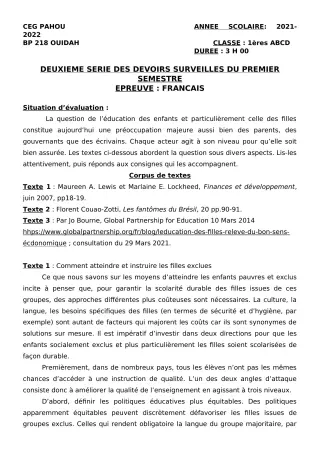 Première page de Français 1ère A1, 1ère A2, 1ère B, 1ère C, 1ère D — 2e devoir surveillé, 1er semestre (2021-2022) · CEG PAHOU