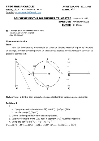 Première page de Mathématiques 6e — 2e devoir surveillé, 1er trimestre (2022-2023) · CPEG MARIA-CAROLE