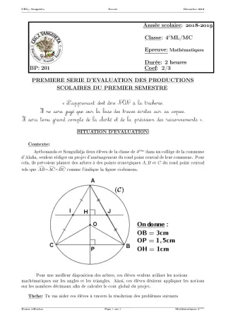 Première page de Mathématiques 4e, 4e ML — Production scolaire, 1er semestre (2018-2019) · CEG2 TANGUIETA