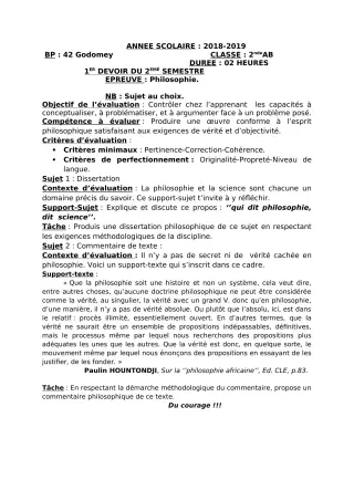 Première page de Philosophie 2nde A & B — Devoir surveillé, 2e semestre (2018-2019) · CEG Le Méridien