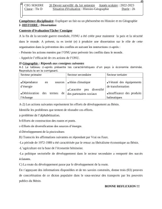 Première page de Histoire-Géographie Tle D — 2e devoir surveillé, 1er semestre (2022-2023) · CEG SEKERE