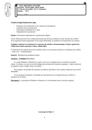 Première page de SVT Tle C — 1er devoir surveillé, 1er semestre (2019-2020) · CEG 1 Akpakpa-Centre