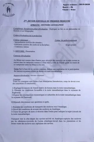Première page de Histoire-Géographie 4e, 4e ML — 2e devoir surveillé, 1er trimestre (2019-2020) · CPEG ROSAIRE