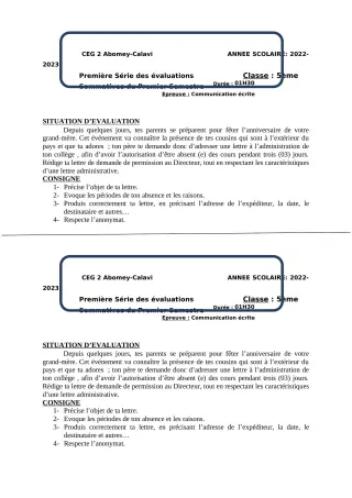 Première page de Français 5e — 1re évaluation sommative, 1er semestre (2022-2023) · CEG2 ABOMEY - CALAVI (CEG ZOCA)