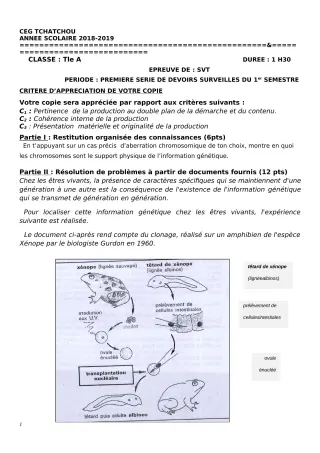 Première page de SVT Tle A — 1er devoir surveillé, 1er semestre (2018-2019) · CEG Tchatchou