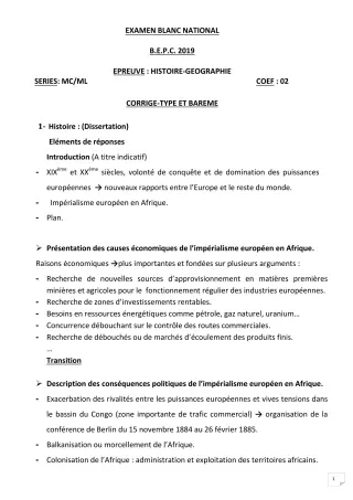 Première page de Examen Blanc de HIST-GEO — 3e, 3e ML — CEG AGBLANGANDAN (2018)