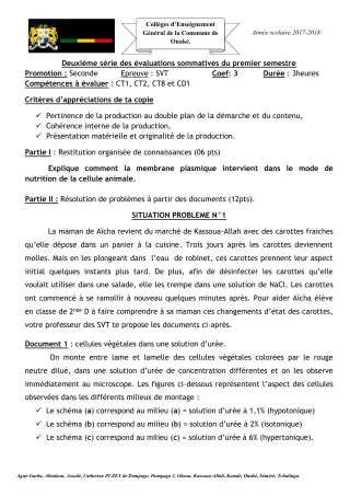 Première page de SVT 2nde D — 2e évaluation sommative, 1er semestre (2017-2018) · CEG C.P de Dompago