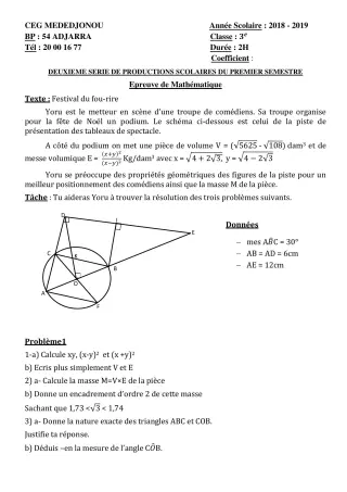 Première page de Mathématiques 3e, 3e ML — 2e production scolaire, 1er semestre (2018-2019) · CEG Mèdédjonou