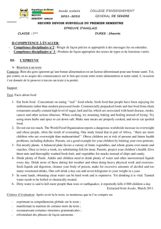 Première page de Anglais 3e — 2e devoir surveillé, 1er semestre (2021-2022) · CEG SEKERE