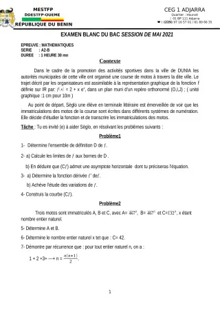 Première page de Examen Blanc de MATHS GENE — Tle A2, Tle B — CEG1 Adjarra (2020)