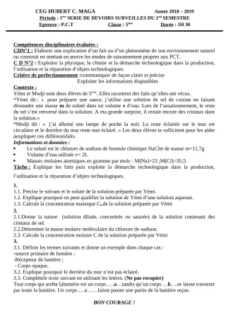 Première page de PCT 5e — 1er devoir surveillé, 2e semestre (2018-2019) · CEG Hubert C. MAGA