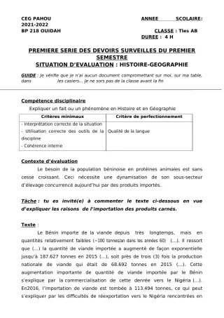 Première page de Histoire-Géographie Tle A2, Tle B — 1er devoir surveillé, 1er semestre (2021-2022) · CEG PAHOU