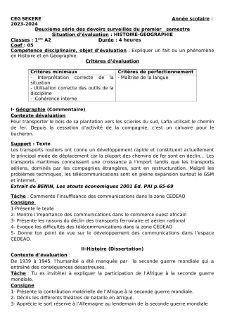 Première page de Histoire-Géographie 1ère A2 — 2e devoir surveillé, 1er semestre (2023-2024) · CEG SEKERE