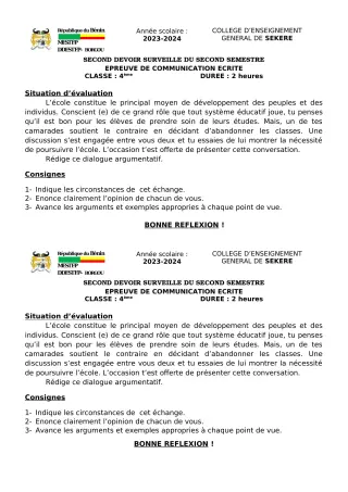 Première page de Français 4e — 2e devoir surveillé, 2e semestre (2023-2024) · CEG SEKERE