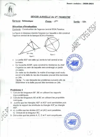 Première page de Mathématiques 3e, 3e ML — 1er devoir surveillé (2020-2021) · CPEG ROSAIRE