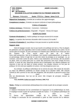 Première page de Philosophie 1ère C, 1ère D — 2e évaluation sommative, 1er semestre (2021-2022) · CEG ZONGO
