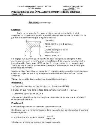 Première page de Mathématiques 6e, 5e, 4e ML&MC, 3e, 3e ML, 2nde A & B, 2nde C, 2nde D, 1ère A & B, 1ère C, 1ère D, Tle A & B, Tle C, Tle D — 1re évaluation sommative, 1er semestre (2019-2020) · CEG1 Allada