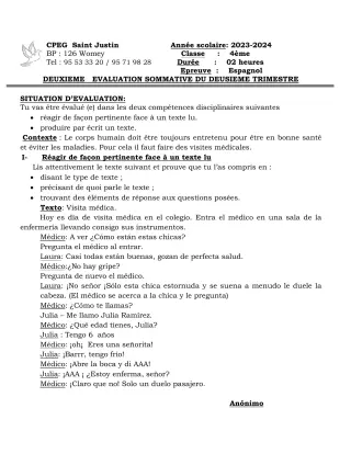 Première page de Espagnol 4e, 3e, 2nde A2, 2nde B, 1ère A2, 1ère B — Évaluation sommative (2023-2024) · CPEG SAINT Justin