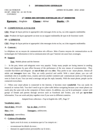 Première page de Anglais 4e — 1er devoir surveillé, 2e semestre (2021-2022) · CEG LE NOKOUE