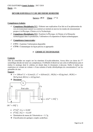 Première page de PCT 1ère D — Devoir surveillé, 2e semestre (2019-2020) · CEG Dantokpa