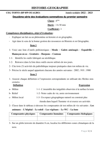 Première page de Histoire-Géographie 6e — 2e évaluation sommative, 1er semestre (2022-2023) · CEG - TOFFO