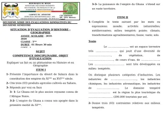 Première page de Histoire-Géographie 5e — 2e évaluation sommative, 2e semestre (2019-2020) · CEG GBESSOU